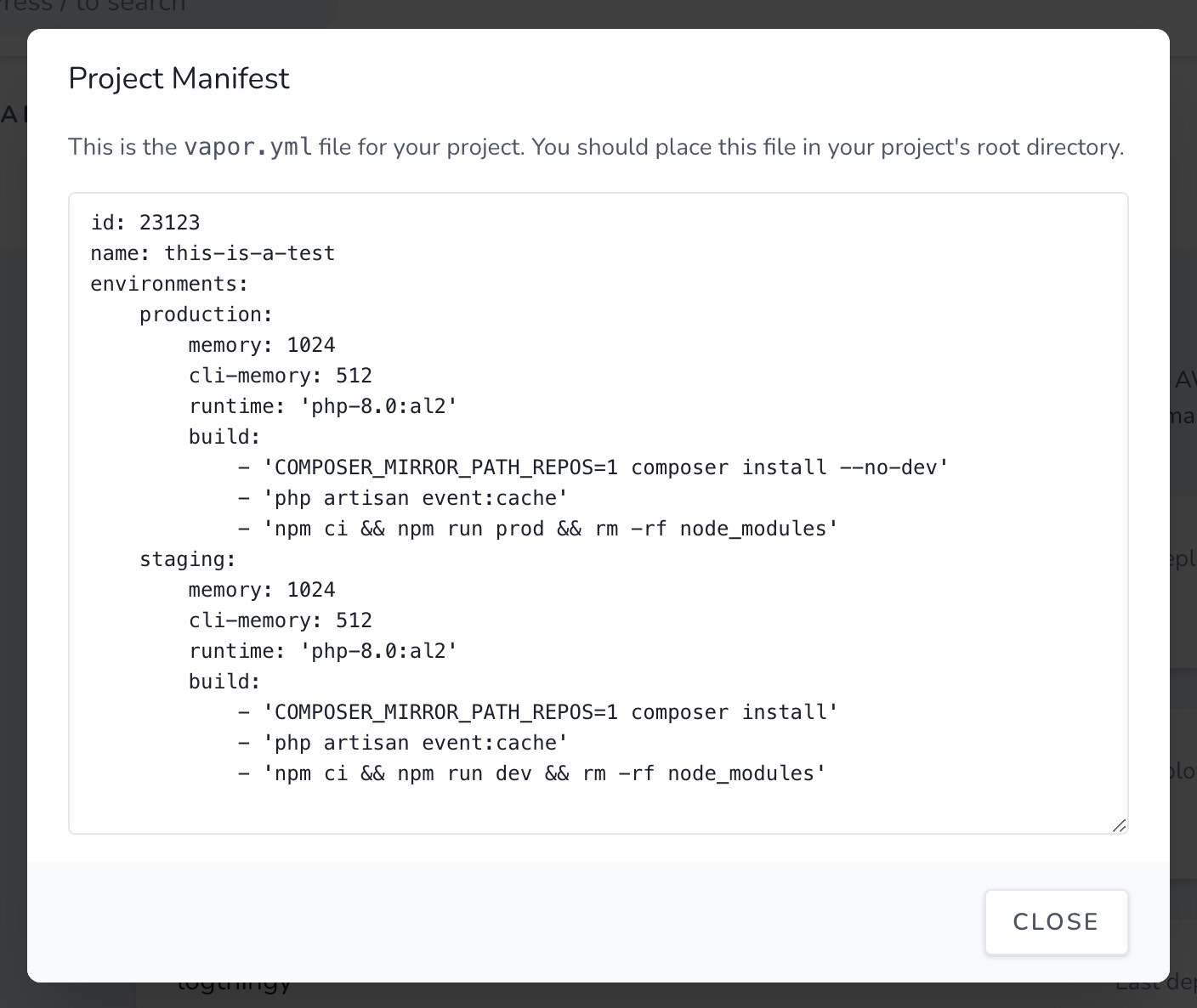 Project manifest screenshot in Laravel vapor