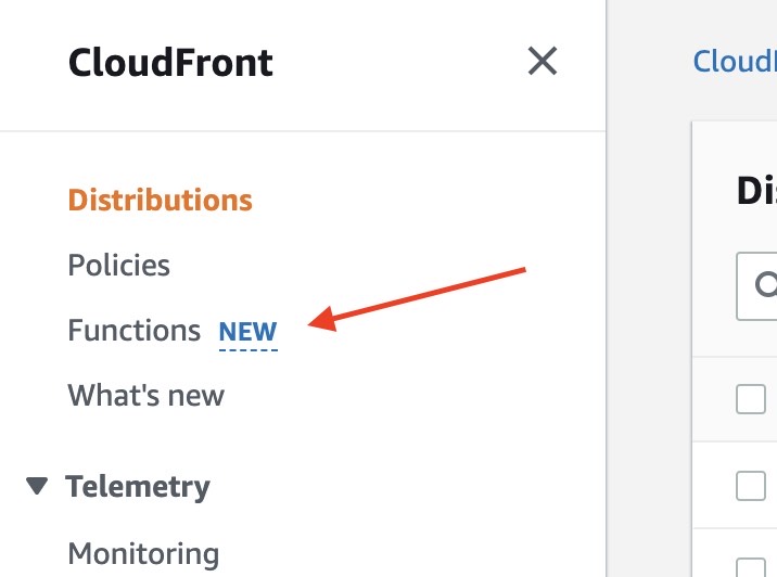 Cloudfront sidebar menu with arrow pointing to functions item